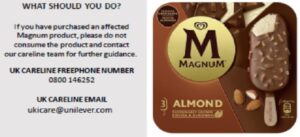 Diperingatkan FDA, Unilever menarik kembali produk Es Krim Stik Magnum Almond (3x100ml) di Inggris dan Irlandia.