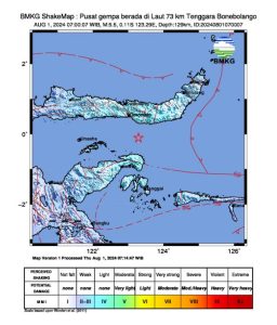 Gempa bumi bermagnitudo (M) 5,5 terjadi di wilayah Provinsi Gorontalo. Lokasi pusat gempa ada di sebelah tenggara Kabupaten Bone Bolango