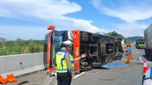 Bus Rosalia Indah Terguling di Tol Semarang-Batang 13 Penumpang Luka